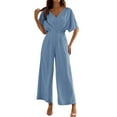 thumbnail image 3 of Women'S Summer Casual Jumpsuit Short Sleeve Romper V Neck Wide Leg Pants With Pockets 2024 Black,Blue,Beige,Wine,Green S,M,L,XL, 3 of 7