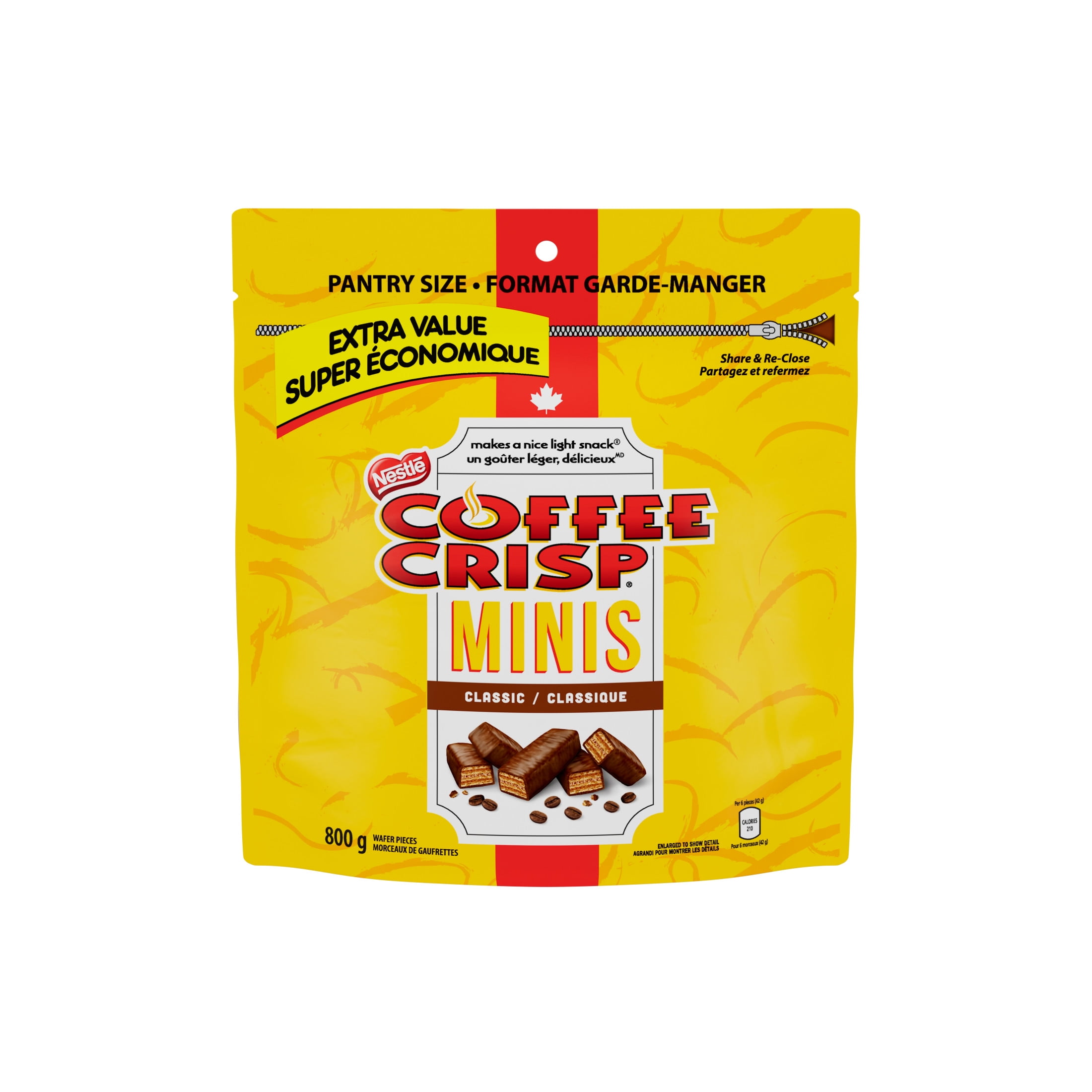 Gaufrettes Minis, sans arachides, gaufrettes de format bouchée dans un enrobage chocolaté avec garniture à la crème au café, sac refermable de format garde-manger, préparées au Canada 800 g