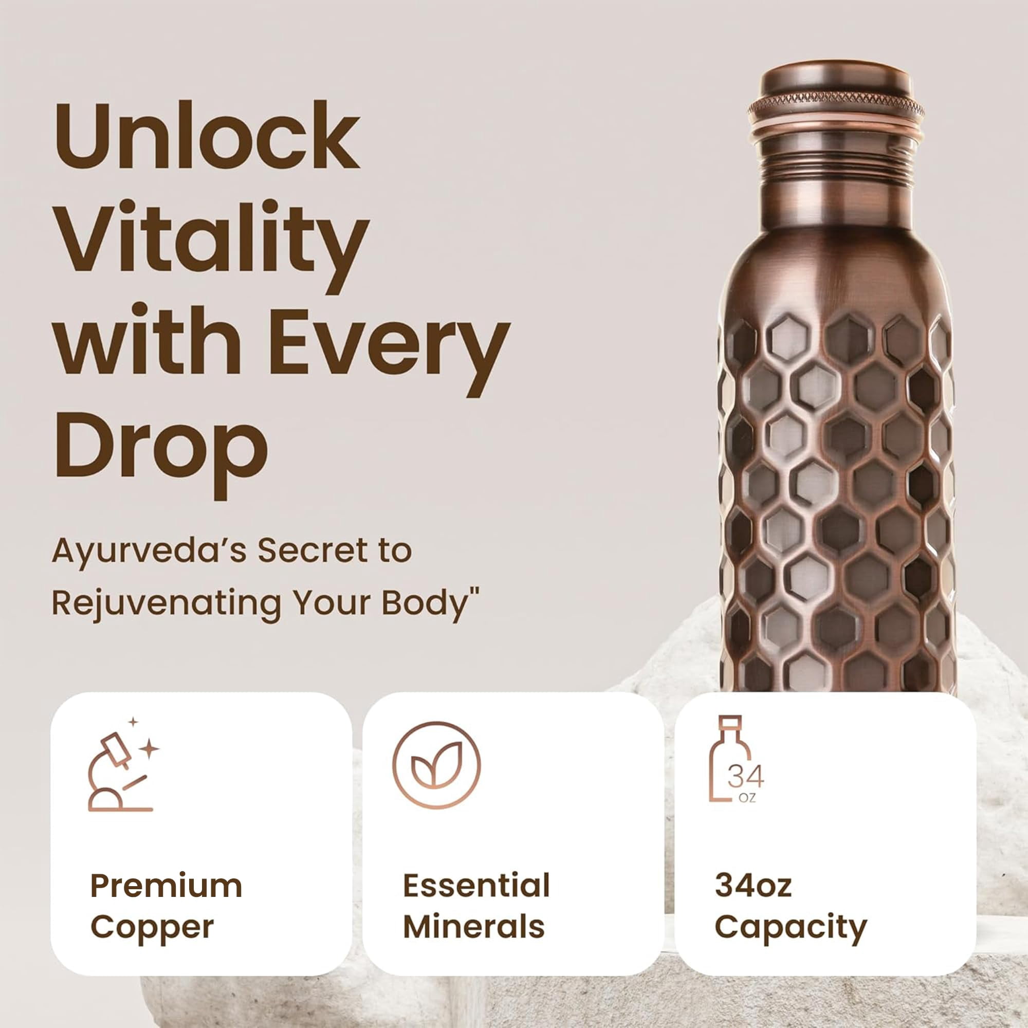 Copper Water Bottle For Drinking  34 Oz Antique Black - Stay Hydrated And Enjoy Ayurvedic Benefits Leak-proof Temperature Retention Design Durable