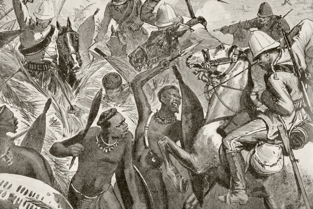 English And Zulus Clash At The Battle Of Ulundi During The Anglo-Zulu War Of 1879 From Afrika Dets Opdagelse Erobring Og Kolonisation Published In Copenhagen 1901 Canvas Art - Ken Welsh Design Pics (
