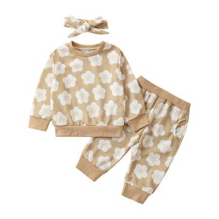 

Lovskoo 3M-18M Baby Infant Boys Girls Three Piece Outfit Long Sleeve Pullover Tops Pants Trousers Cute Floral Printing Clothes Headband Set Beige