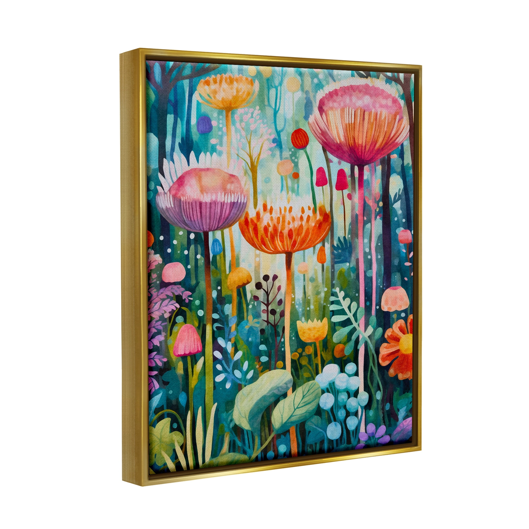 Stupell Industries Whimsical Garden Landscape Botanical & Floral Painting Gold Floater Framed Art Print Wall Art, 17 x 21