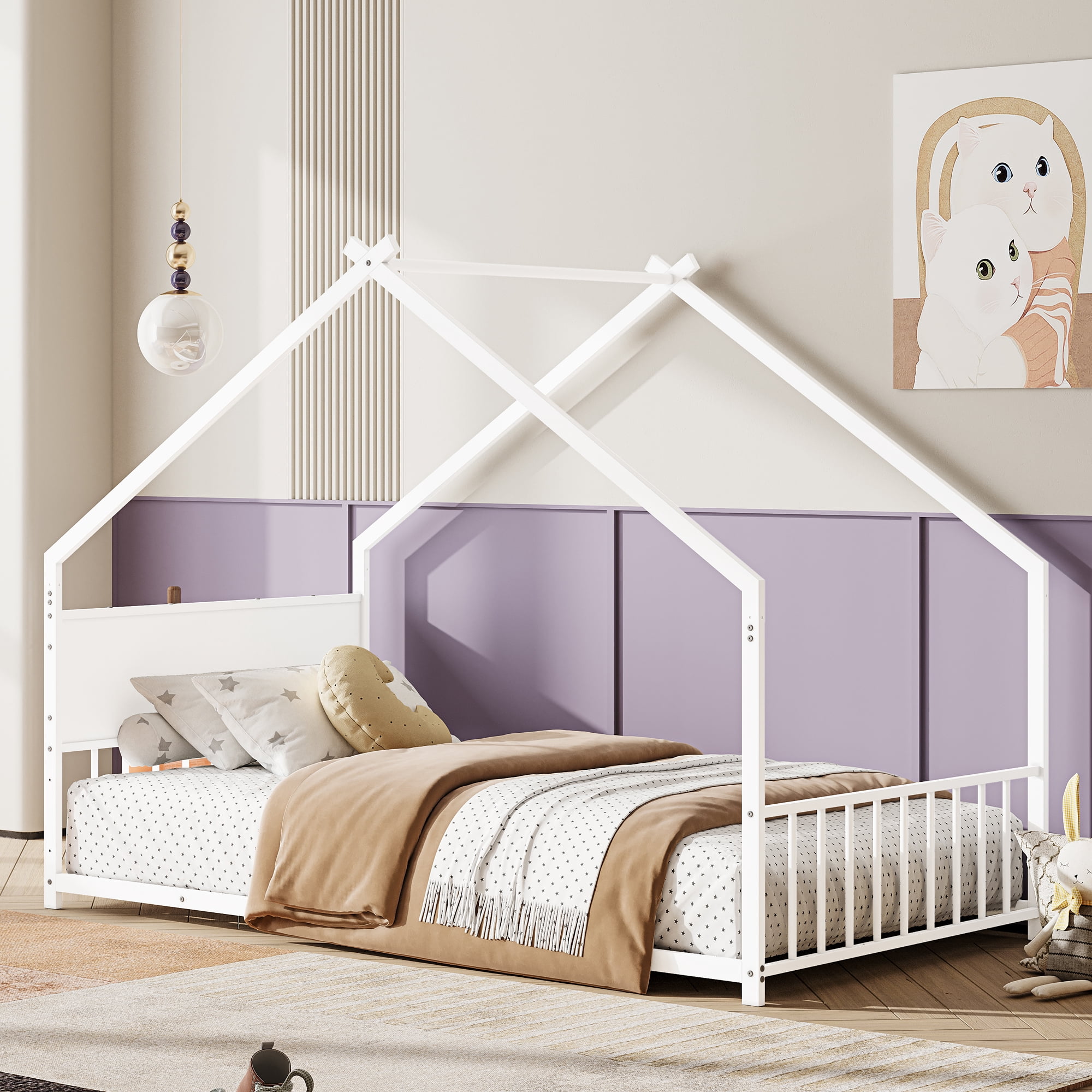 Euroco Metal  Twin Size House Bed with LED Lights, Floor Bed with Roof Design, White