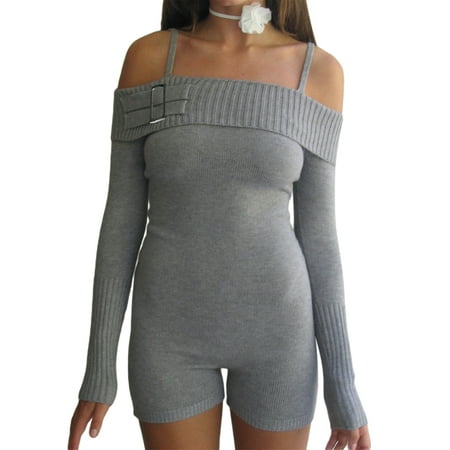 

AMILIEe Women Long Sleeve Knit Rompers One-Piece Low-Cut Jumpsuit Playsuit Ribbed Bodysuit