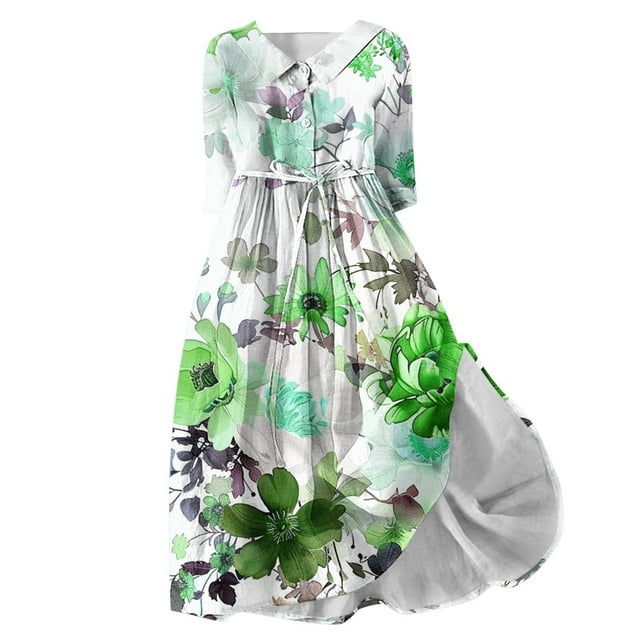 Women's Elegant Casual Drawstring Summer Tea Length A Line Dress 3/4 Sleeve Spring Workout Fashion Clearance Lapel V Neck Button Flowy Fall Dress Floral Boho Green XXXXL