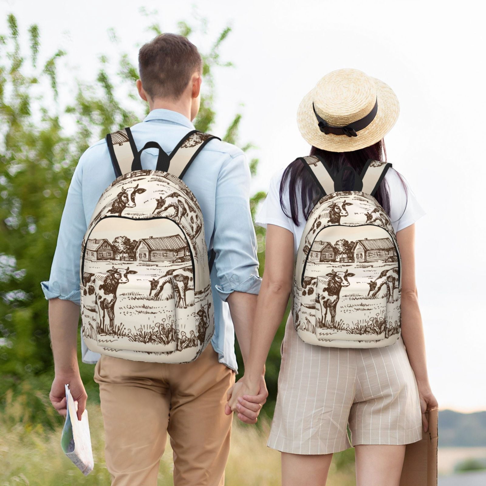 Ratiio Cows On The Farm Print Canvas Backpack for Women & Men Retro Aesthetic Rucksack Basic Backpack for High School/College Students Travel Laptop Bag