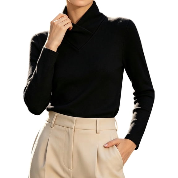 Vinsonshop Womens Fleece Lined Thermal Shirts Long Sleeve Cross Wrap Mock Neck Slim Fit Base Layer Winter Warm Undershirts Fall Clothes Black L
