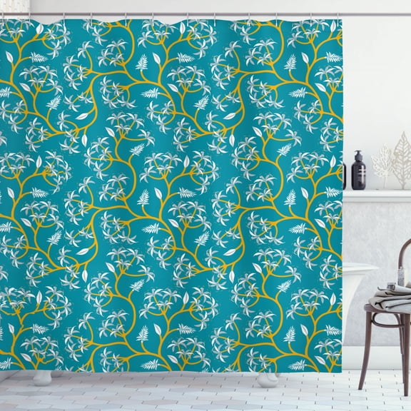 Ambesonne Botanical Shower Curtain, Nature Jungle Leaf Layout, 69"Wx70"L, Petrol Blue and Orange