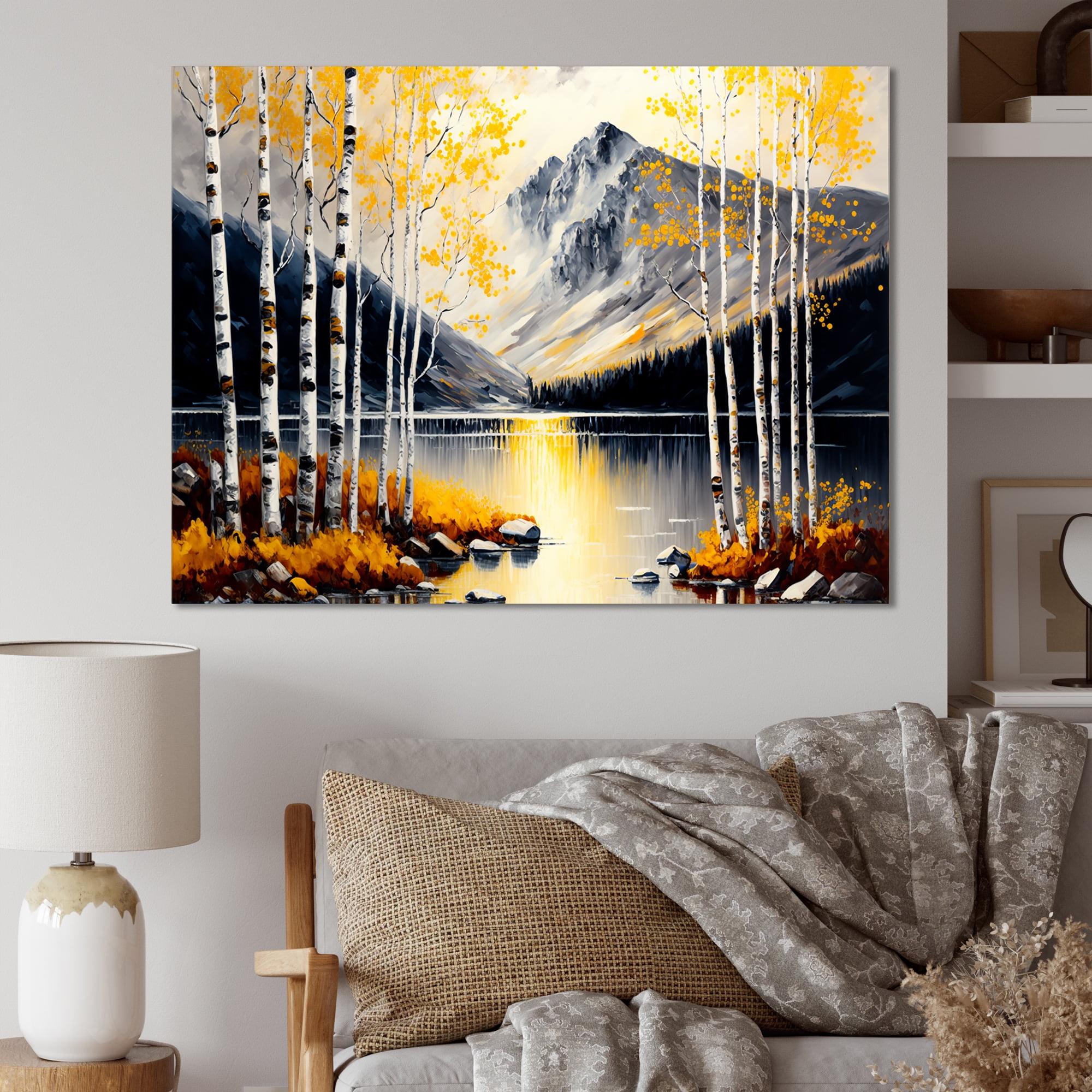 Designart Monochrome Golden Birch Trees By The Lake II Canvas Wall Art
