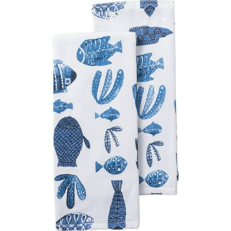 SOHO Living Essential Terry Kitchen Fish Towels (Set of 2) - Blue & White  (Fishing for Blue) 