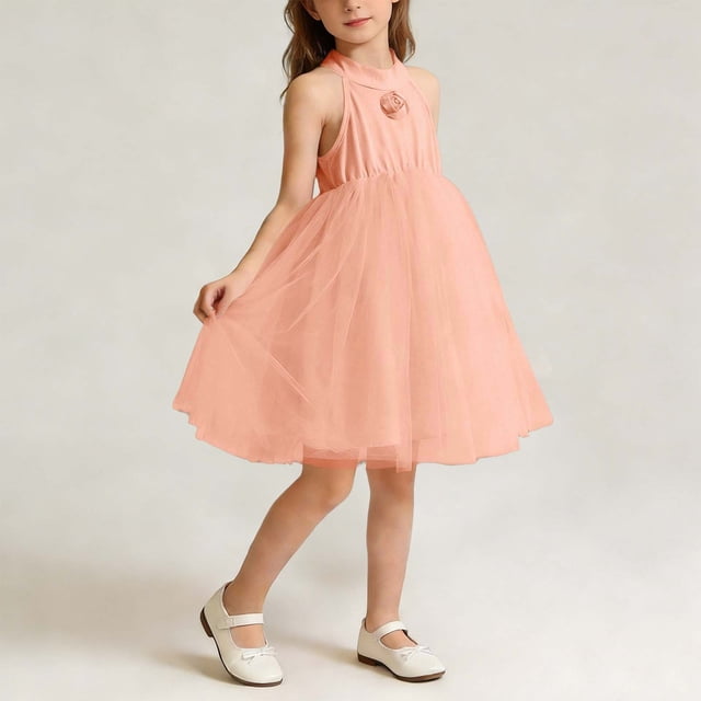 Pounoo Womens Sundresses Halter Neck Rose Decor Tulle Skirt Lightweight Sweet Style (For Small Wearers) Gift