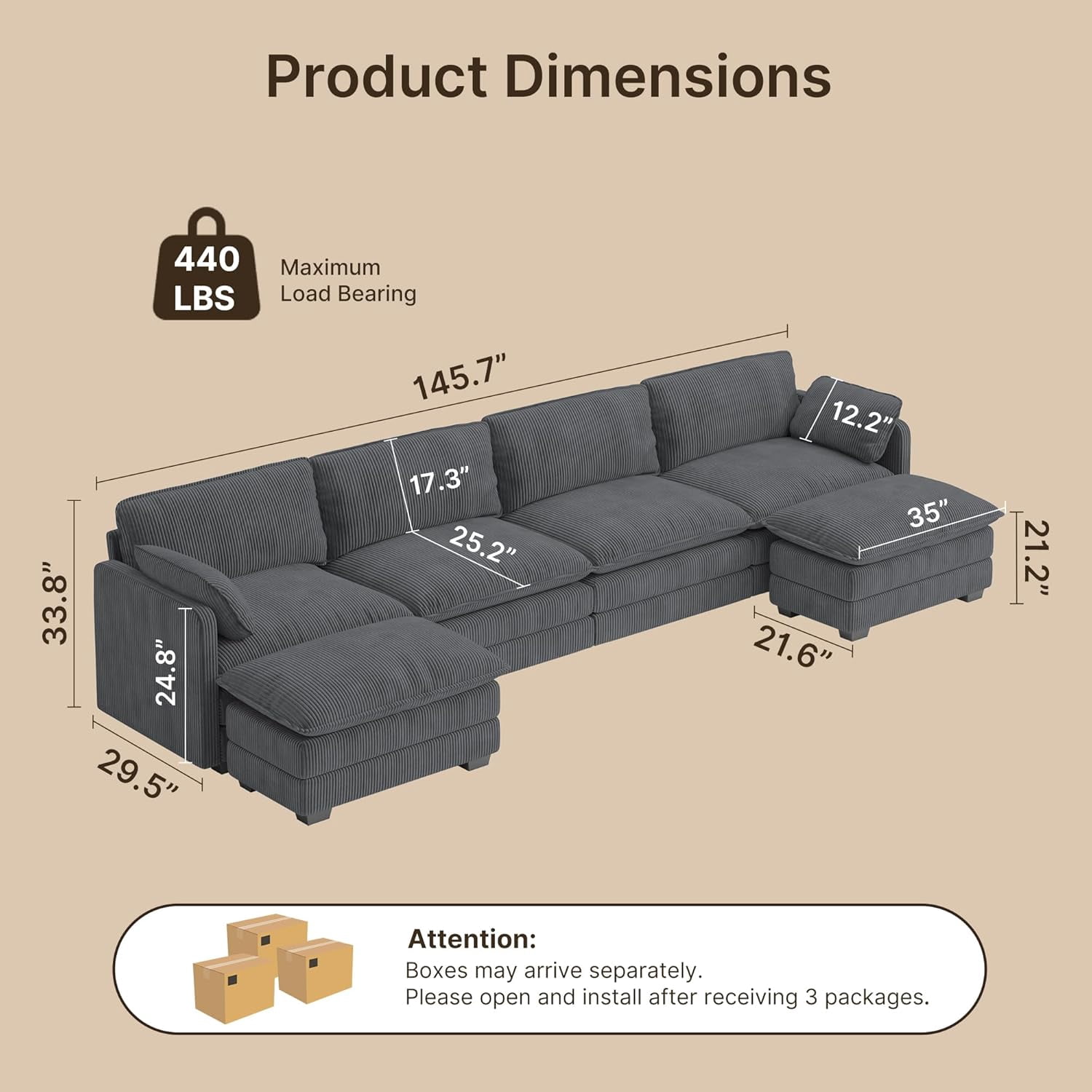 U-Shaped Sectional Couches for Living Room Noelse Cloud Sleeper Sofa with Double Layer Upholstered Seat, Pet-Friendly Fabric Sofa Couches for Living Room Bedroom and Apartment, Gray