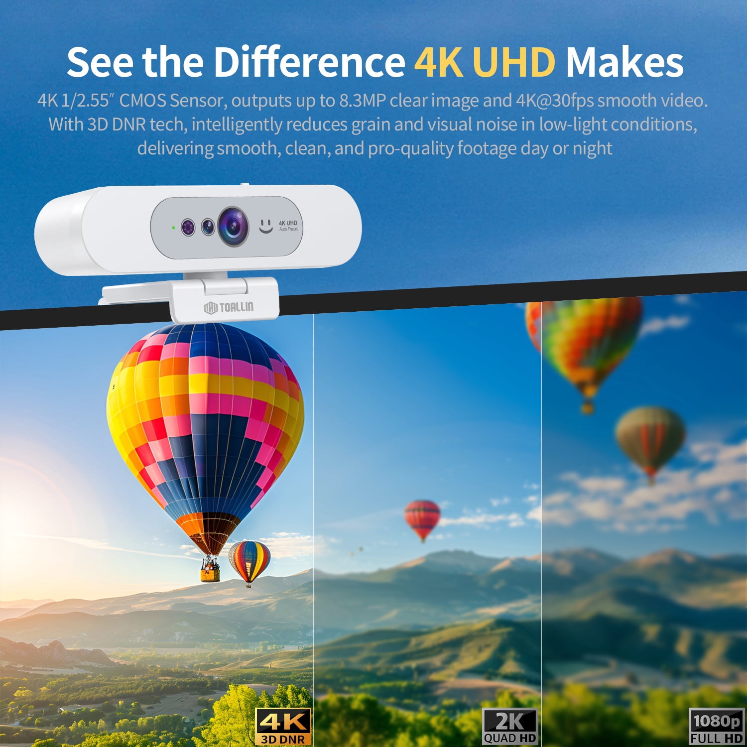 TOALLIN 5MP QHD 2K Webcam with Privacy Cover & 90° field of view delivers,Built-in Microphone,Wide Compatibility ,Plug-and-Play