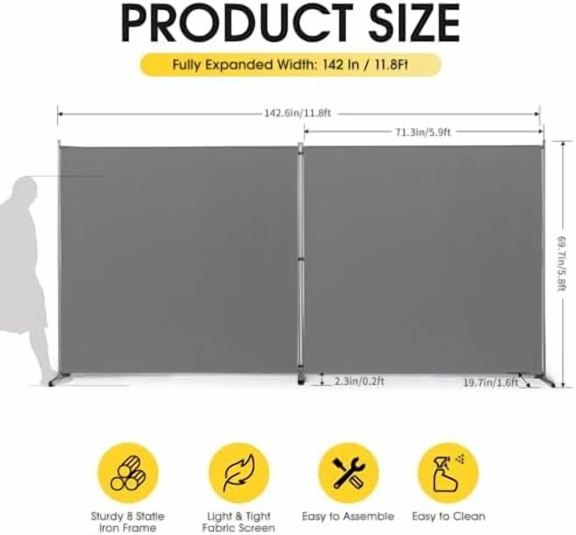 Indoor Room Divider, Portable Office Divider, Room Divider Wall Screen 2 Large Panel, Folding Partition Privacy Screen Walls Dividers for Room Separator 142" W x 71" H,Gray