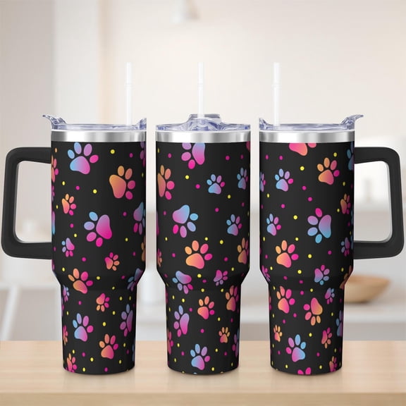Cute paw print theme tumbler 40 oz tumbler with handle and straw 304 stainless steel travel cup coffee mug water bottle suitable as a gifts for women gifts for men dad gifts mom gifts