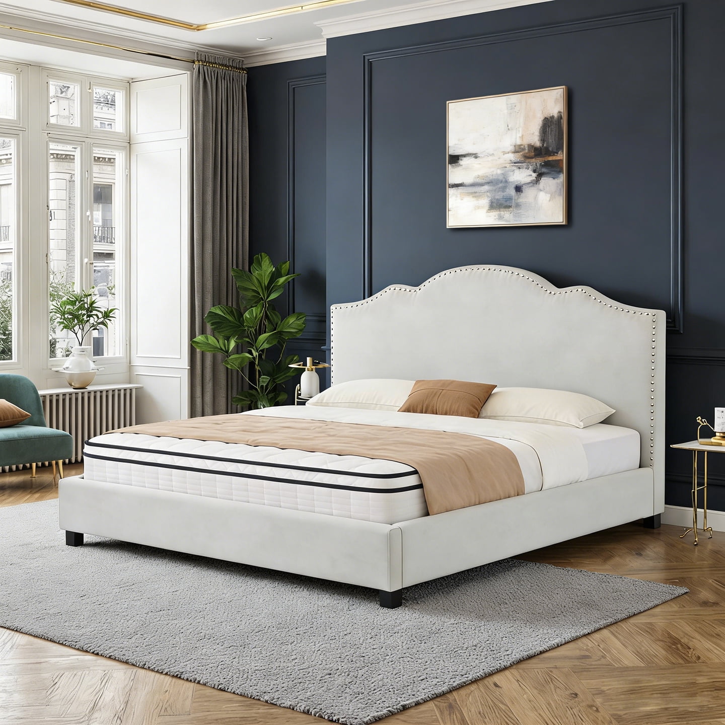 Gewnee King Bed Frame with 55"High Upholstered Headboard,Platform Bed Frame with Nail-Head Trim,No Box Spring Required,Modern Design for Bedroom,Light Grey