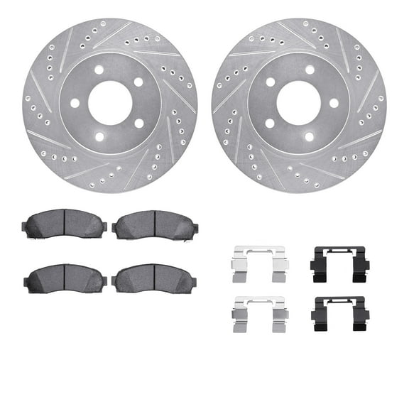 Dynamic Friction Company Front Brake Rotors-Drilled and Slotted-Silver with Ultimate Duty Performance Brake Pads includes Hardware 7412-47012