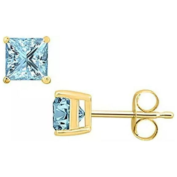 14k Yellow Gold Plated Over Sterling Silver 1/2 Ct Created Aquamarine Sapphire Princess Cut Stud Earrings