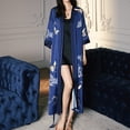 thumbnail image 3 of Defitshape Women's Satin Robe Luxury Floral Printed House Light Silky Loose Fit Quarter Sleeve Long Japanese Long Kimono Bathrobe Patterned19 Navy Blue One Size, 3 of 5