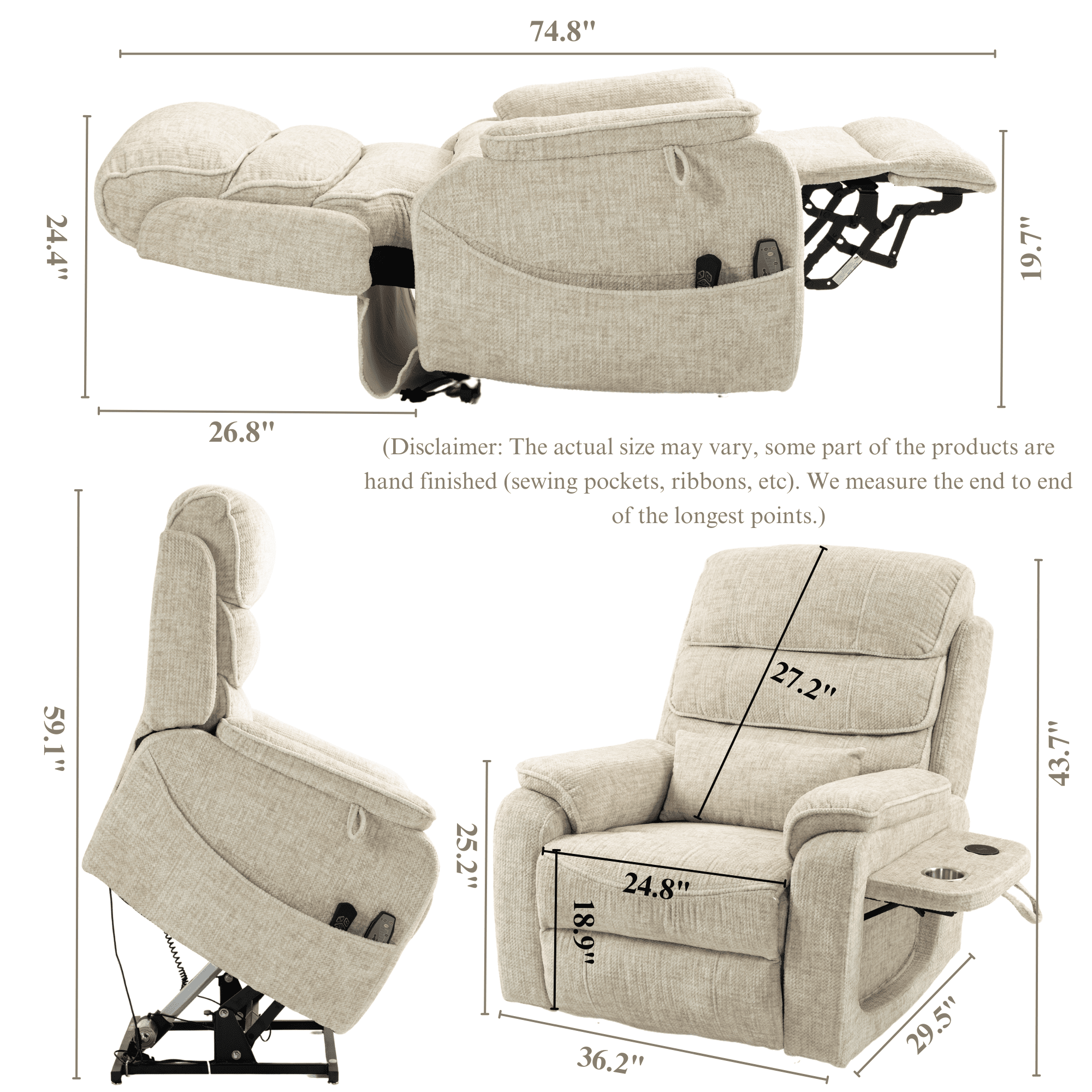 JUUXO Power Lift Lay Flat Recliner with Wireless Charger, Cup Holder - Dual Motor Lift Chair for Big Tall