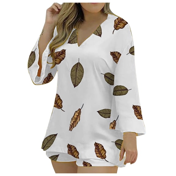 DHFJKG Women 2 Piece Sets Beach Vacation Outfits Long Sleeve Floral V Neck T Shirts Loose Fit Shorts Set Spring Summer Cozy Outfit