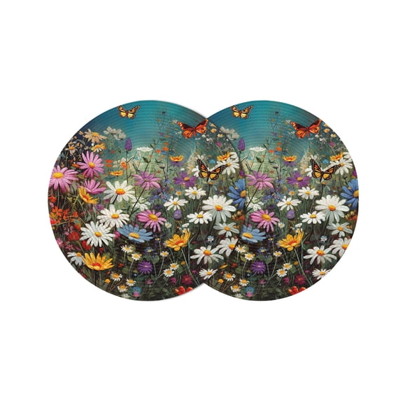 Spring Floral Round 13 Inch Placemats Set of 2, Colorful Daisy Summer Botanical Butterfly HeatResistant Non Slip Place Mats for Dining Table, Wipeable Braided Kitchen Table Mats for Housewarming