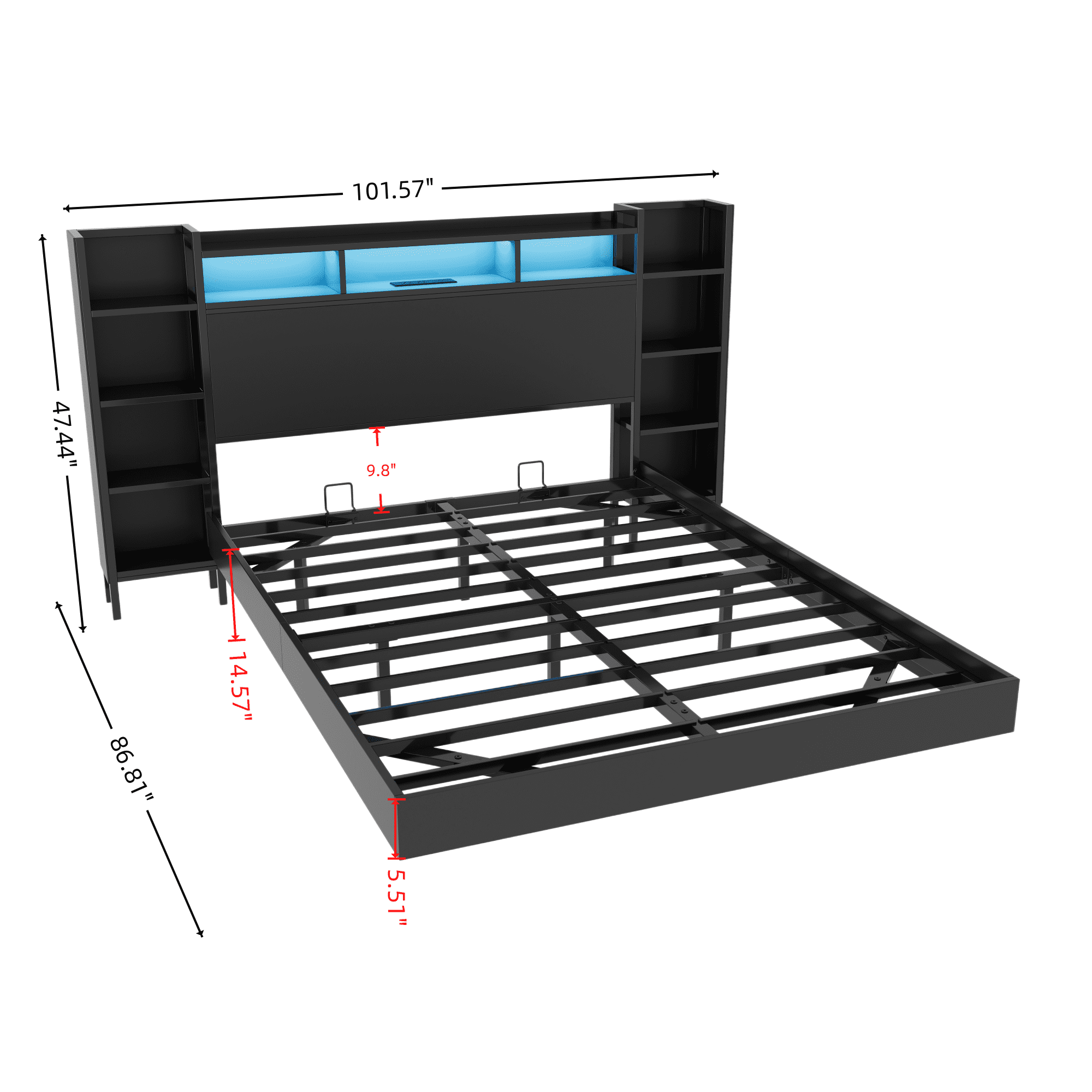 Mintazer King Size Floating Bed Frame with LED Bookshelf Headboard & Charging Station, Modern Platform Bed for Bedroom Guest Room, Black