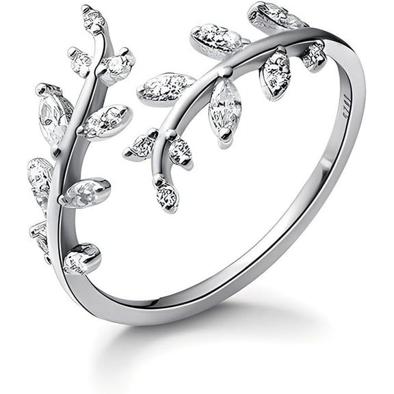 Adjustable S925 Sterling Silver Ring for Women,Branch Leaves Band Stacking Finger Ring,Paved Cubic Zirconia Stone Stackable Open Ring