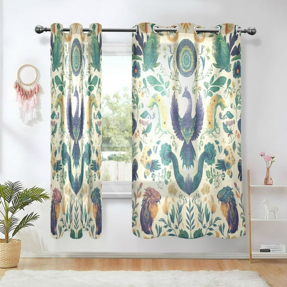Yayeee Window Curtains Set of 2 for Living Room Light Filtering 63"x52", Green Animals Pattern