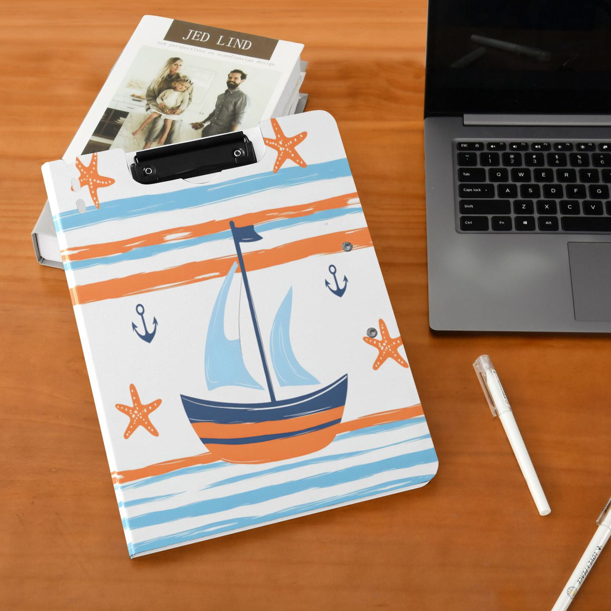 FORMRS A4 Clipboard Folder with Pen Holder Horizontal Foldable School Office Binder, Blue Nautical Pattern