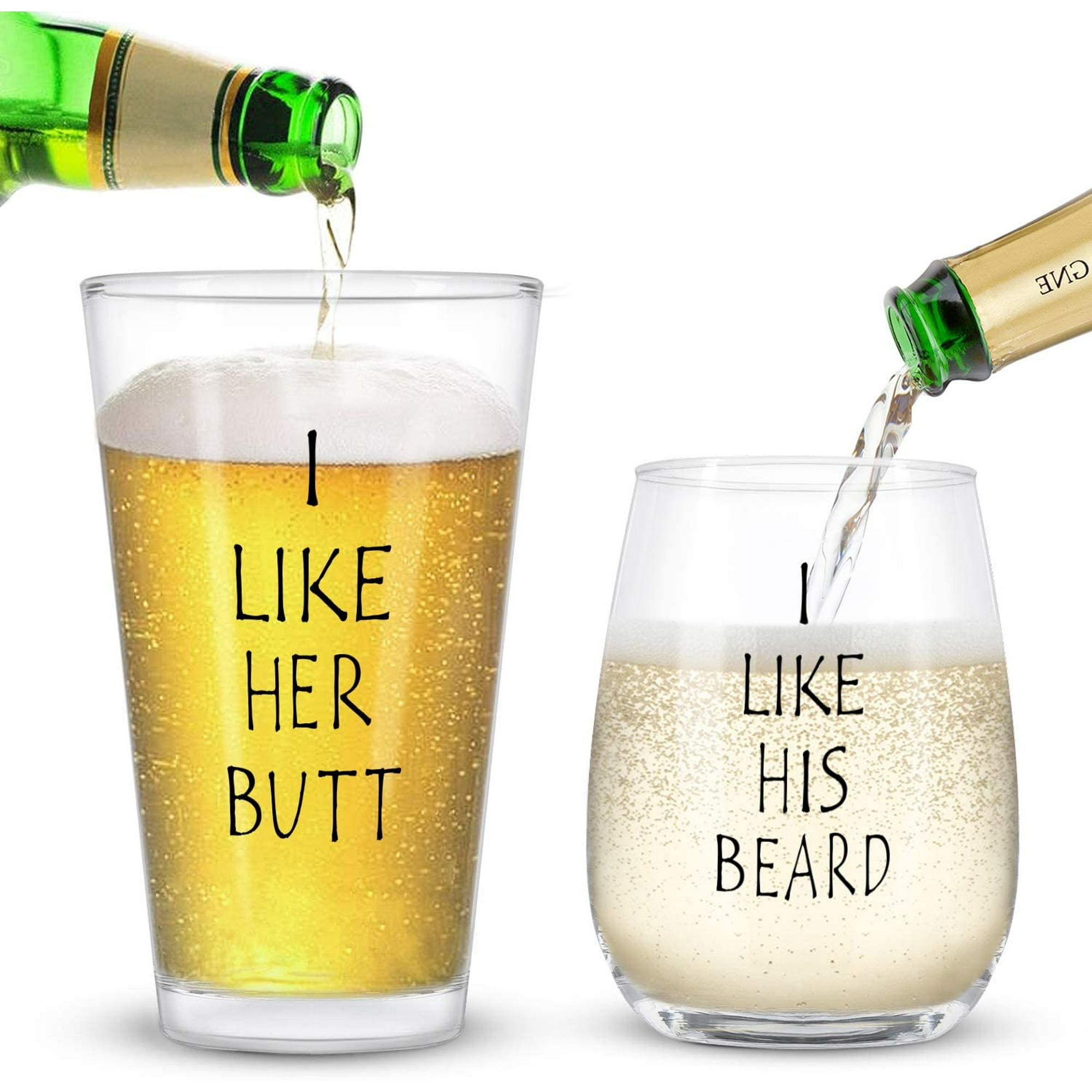 I Like His Beard, I Like Her Butt Funny Wine Glass Set for Couples- Unique  Wedding Gift For Bride and Groom - His and Hers Anniversary Present Husband  and Wife - Engagement