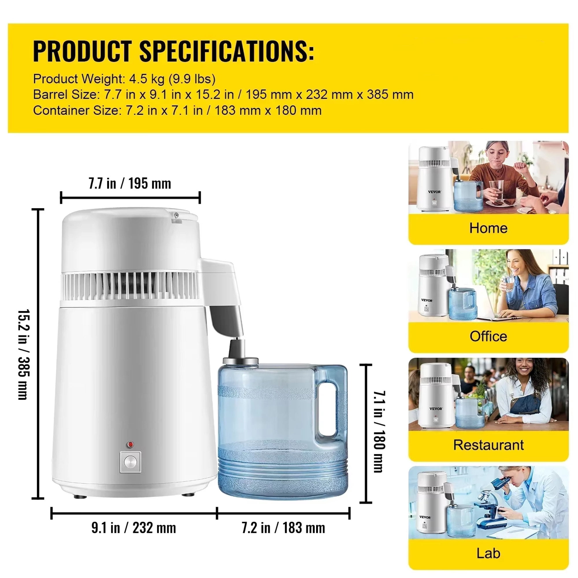 SIHAO Water Distiller, 4L/1.1Gal Distilled Water Machine, 750W Pure Water Distilling w/BPA Free Plastic Container, Countertop Distilled Water Maker, White