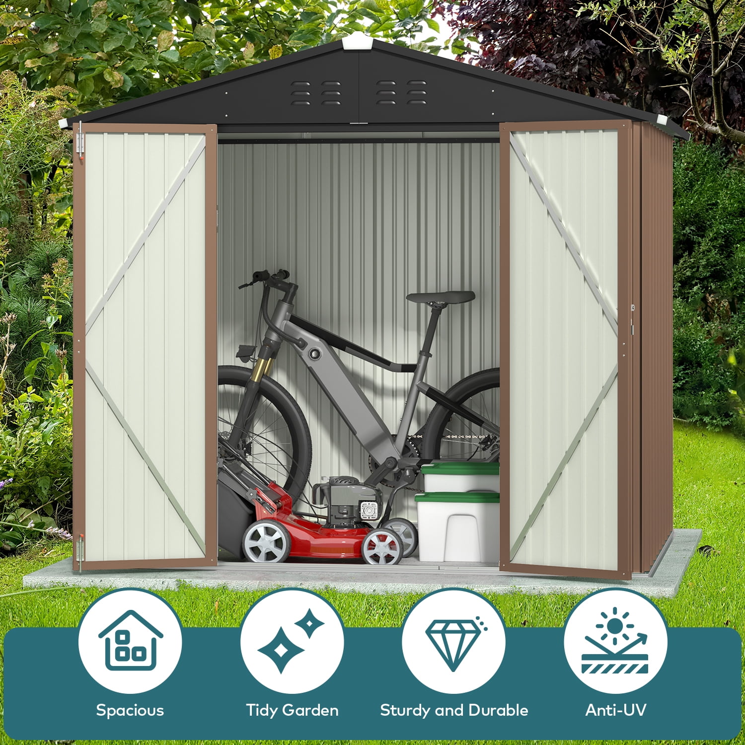 Lofka Outdoor Storage Shed 8 x 6 FT, Galvanized Metal Garden Shed with Double Lockable Doors, Outdoor Storage Clearance for Backyard Patio Lawn- Brown