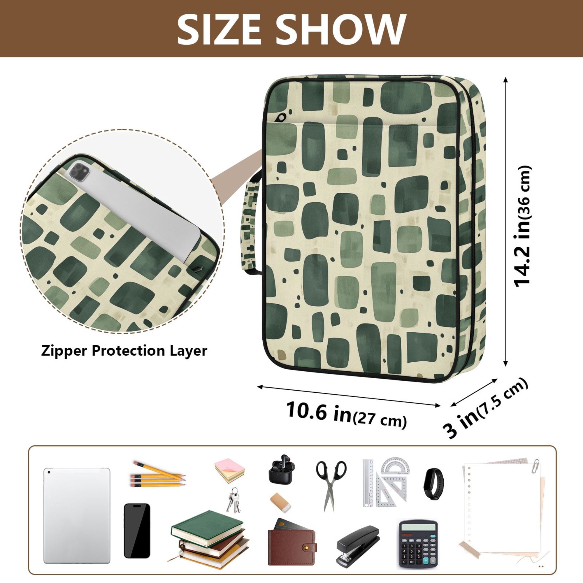 FORMRS Accordion File Folder A4 Size 7-Pocket Expanding Document Organizer Bag with 3 Ring Binder, Green Geometric