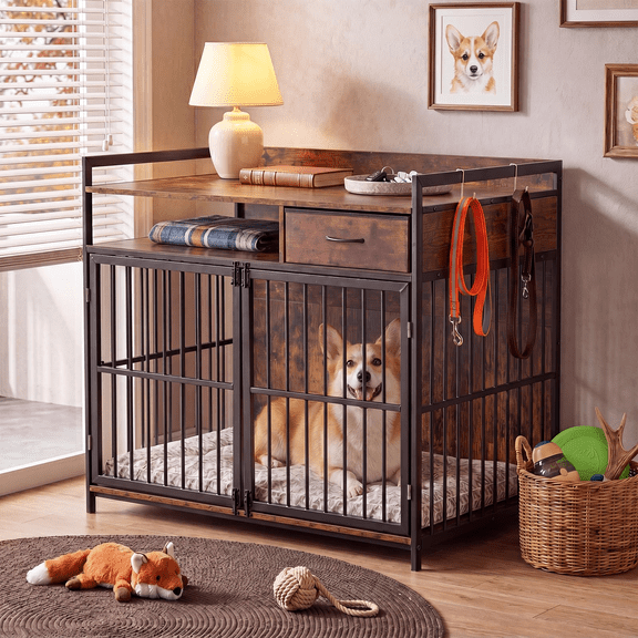 45.2"*39.3"*27.5" Dog Crate Furniture - Wooden Dog Kennel Table Indoor TV Stand as Large Dog cage Furniture Double Travel Dog Crate