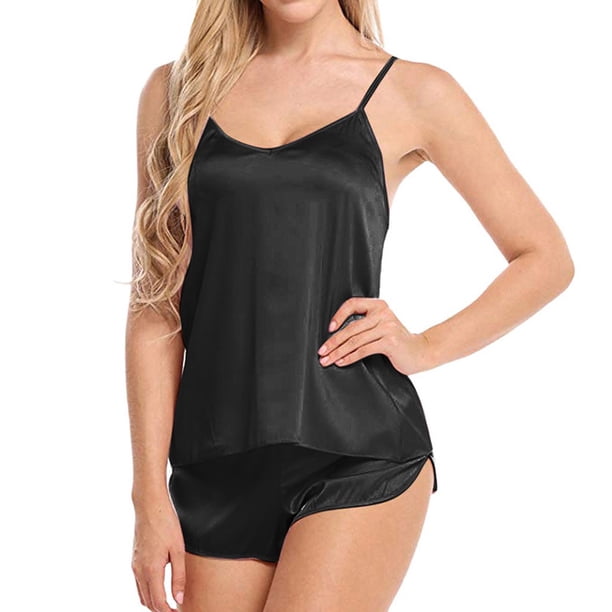 Pajama Women Sexy Pajamas Set Simulation Silk Thin Pajamas Set V-Neck Camisole Sleeveless Shorts Female Pajamas Sleepwear For Women pangjing