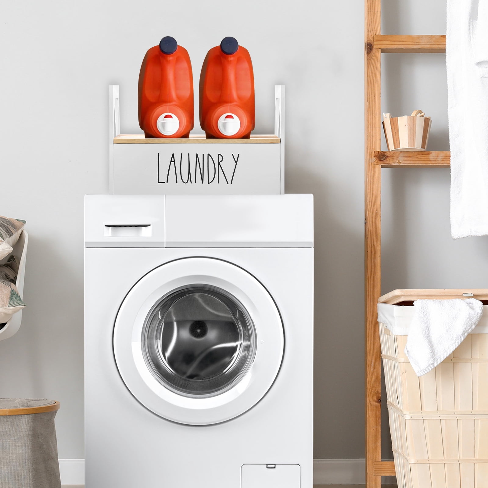LINFANG Wooden Laundry Detergent Holder Easy Assembly Liquid Soap Storage Organizer Liquid Detergent Stand for Household Cleaning Supplies