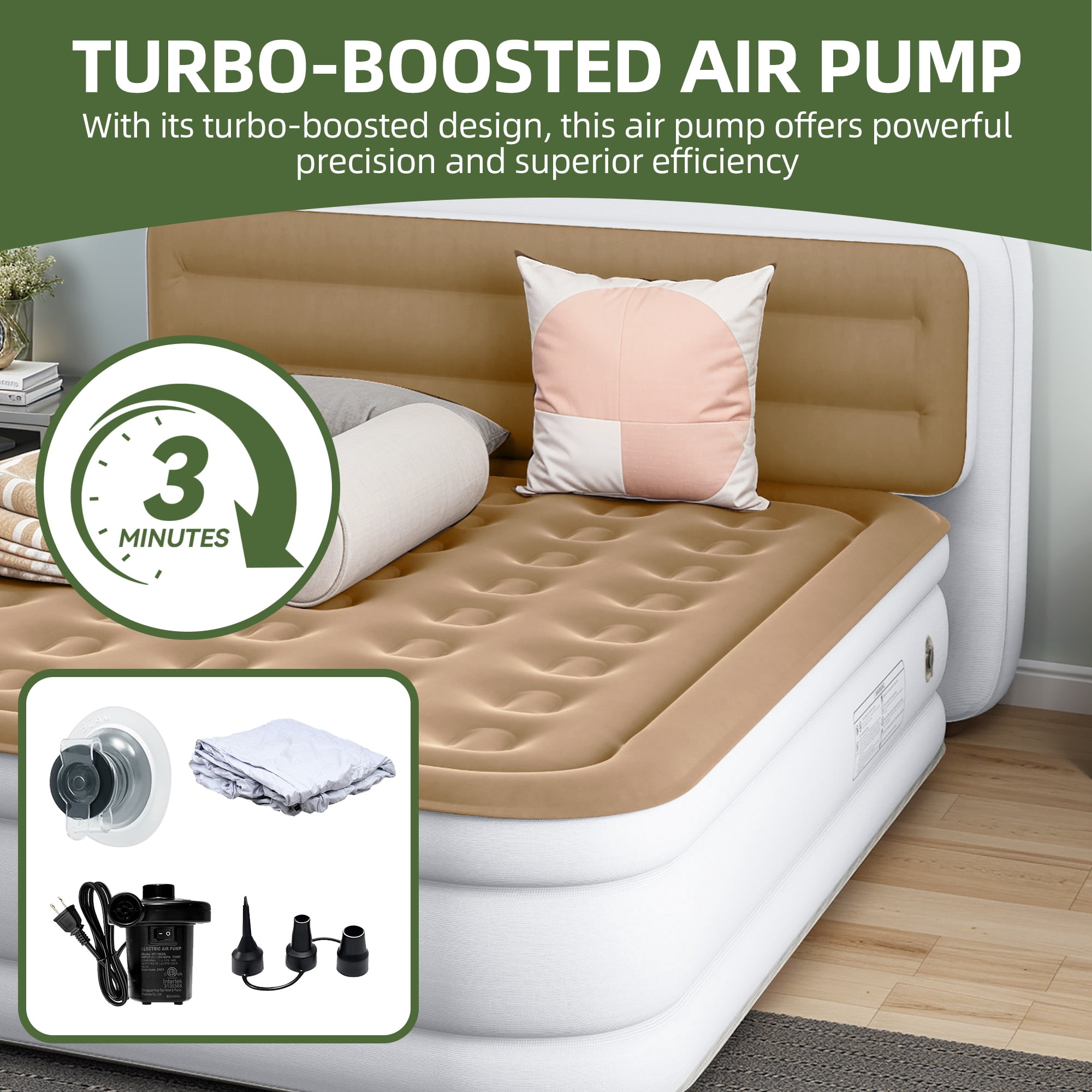 Uforic Queen Size Air Mattress with Built-in Headboard and Inflation Pump, 18in Deluxe Flocked Top Air Mattress, Sturdy Blow-Up Bed for Home & Visitors, Brown