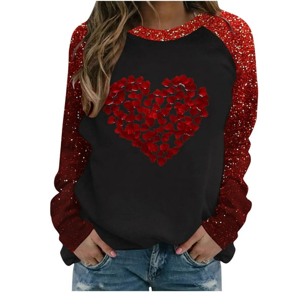 Goodeals Saving,Womens Valentines Sequin Tops Love Heart Graphic Valentine's Day Womens Sparkling Graphic Tee Long Sleeve Cute Hearts Shirt Tops(Red,L)