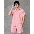 thumbnail image 5 of Men 2 Piece Outfit Solid Short Sleeve Button Shirt and Drawstring Shorts Summer Casual Set Pink L, 5 of 6