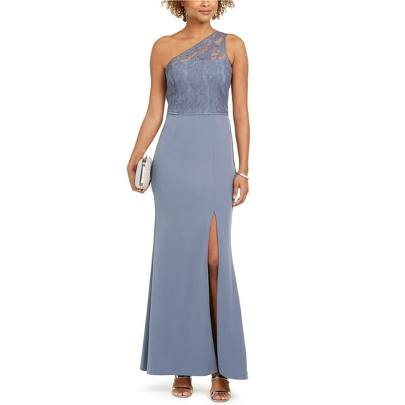Adrianna Papell Womens Blue Slitted Lace Asymmetrical Neckline Full-Length Evening Dress 6