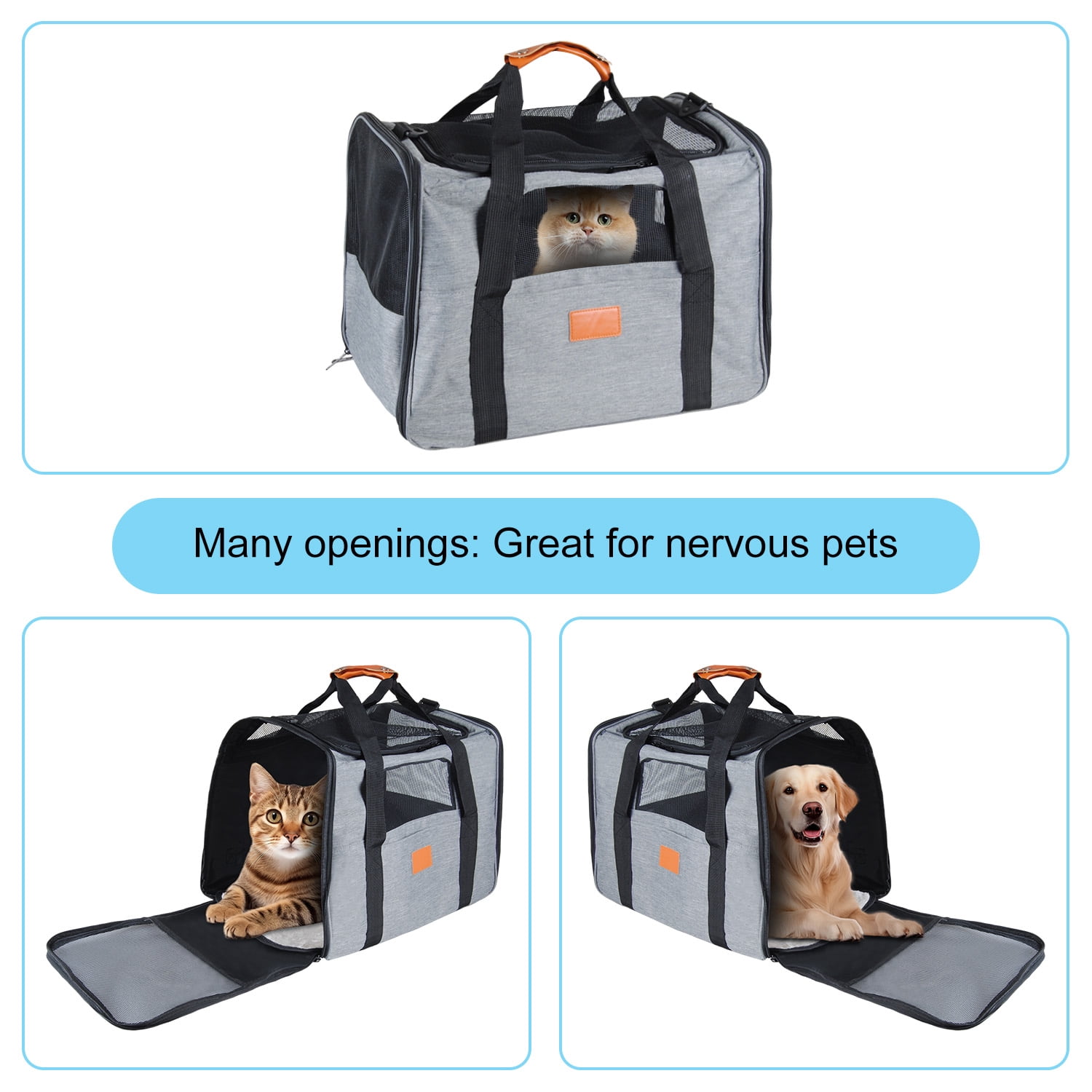 Cat Carrier Bag, AndHot Cat Carrying Case Pet Dog Carrier Soft-Sided Cat Bag Airline Approved for Medium Small Cats and Puppy up to 18lbs, Pet Carrier with Safety Zippers,Grey