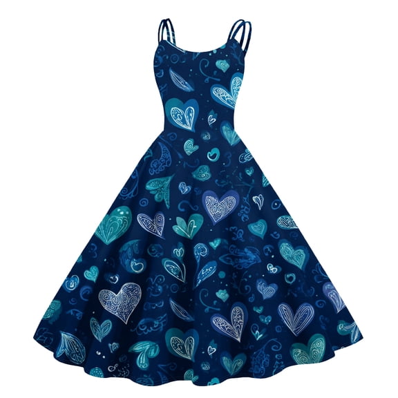 LWavelet 2026 Valentine's Wrap Cutout Heart Dress, Women's Romantic Rose Print Sleeveless Flowy Trendy Sundresses Dark Blue 2XL