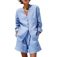thumbnail image 2 of LEKWK Linen Sets for Women 2 Piece Long Sleeve V Neck Button Down Tops and High Waisted Shorts with Pockets Summer Solid Casual Travel Vacation Sets, 2 of 7