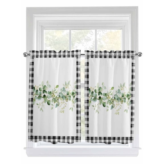 Green Eucalyptus Leaves 2 Panel Kitchen Curtains for Windows, Modern Art Farmhouse Plaid Bathroom Privacy Curtain, Home Décor Window Treatment for Bedroom/Living Room 55"x45"