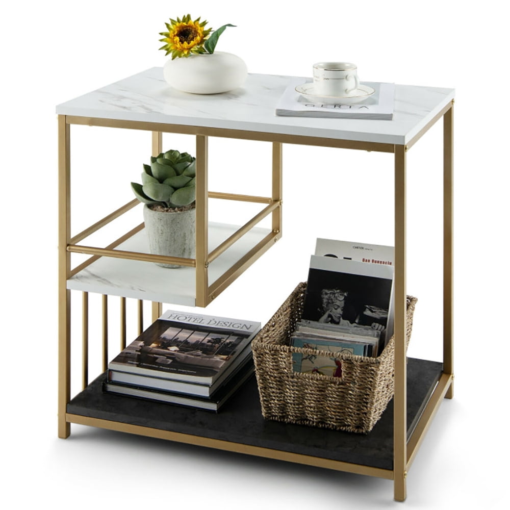 Finihen End Side Table, Sofa Side Table, Bed Side Table, 3-Tier Multi-function Marble End Table with Storage Shelf, for Living Room, Bedroom, Golden