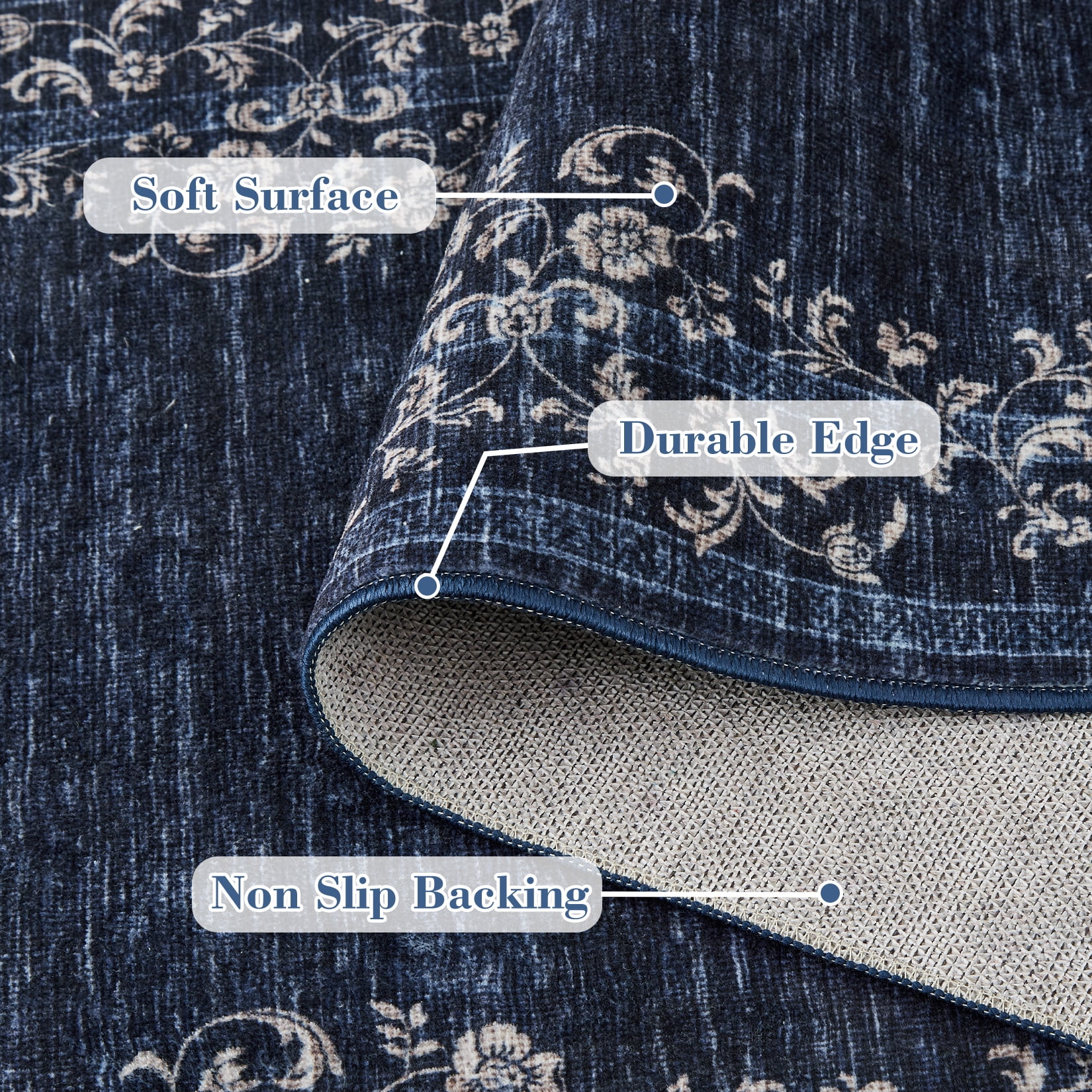 HOMERRY Washable 10' x 13' Area Rug for Living Room Farmhouse Modern Floral Bordered Dark Blue Rug Stain Resistant Large Indoor Carpet