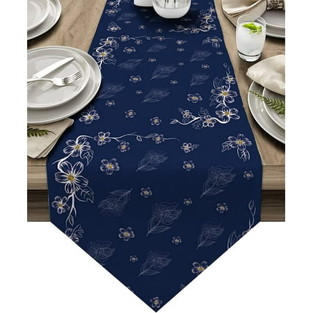 

BSBM Coffee Table Runner - 36 Inches Long Navy Blue Spring Floral Dresser Scarf Dining Tabletop Décor for Kitchen/Farmhouse/Holiday Modern White Flowers Botanical Art 13 x 36 Inch