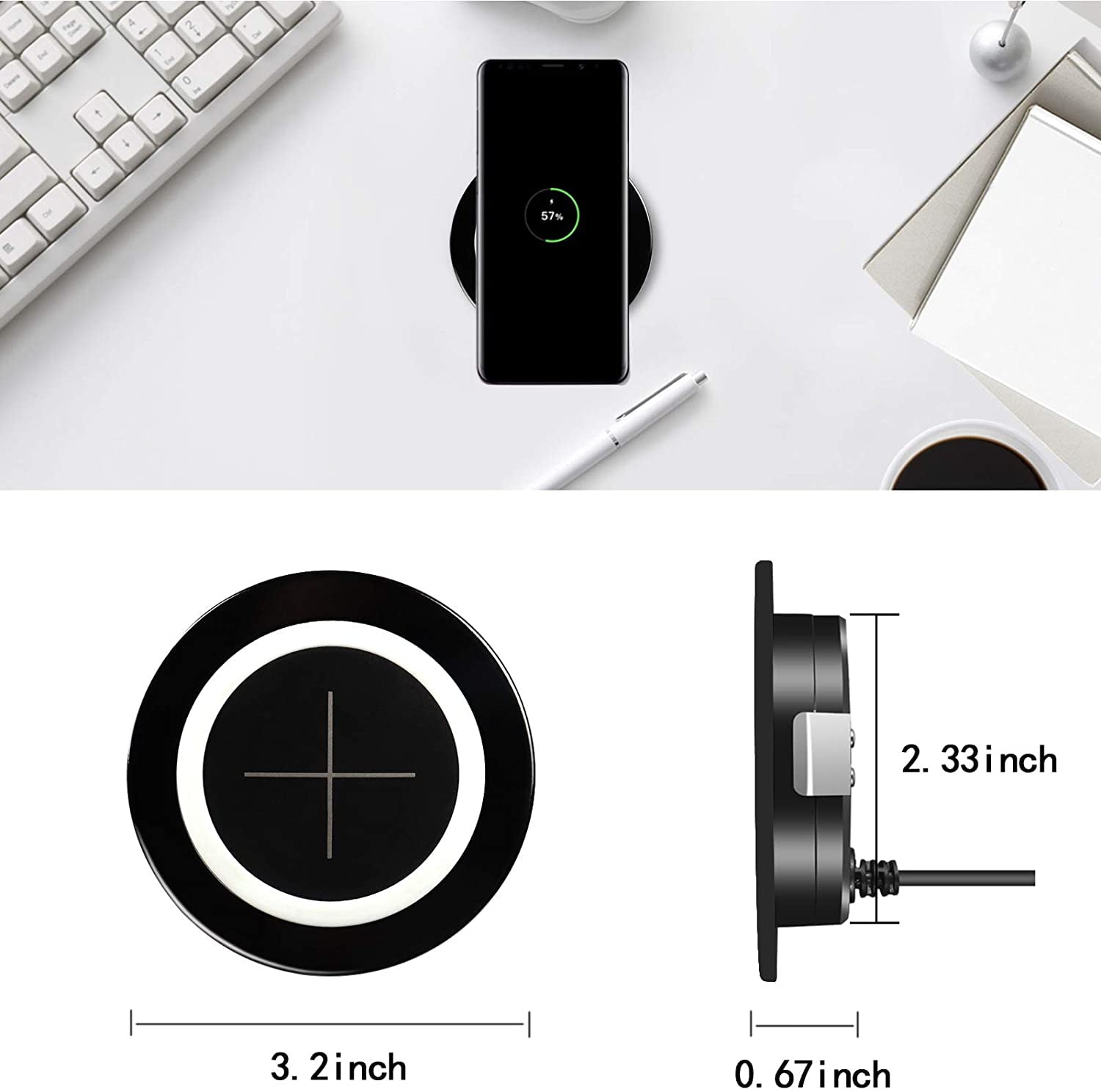 Flush Mount Wireless Charging Pad, 15W Fast Qi Charger for Desk Hole Installation – Built-in Wireless Charger Station for Office Desk, Nightstand, Workbench – Compatible with iPhone, Samsung (Black)