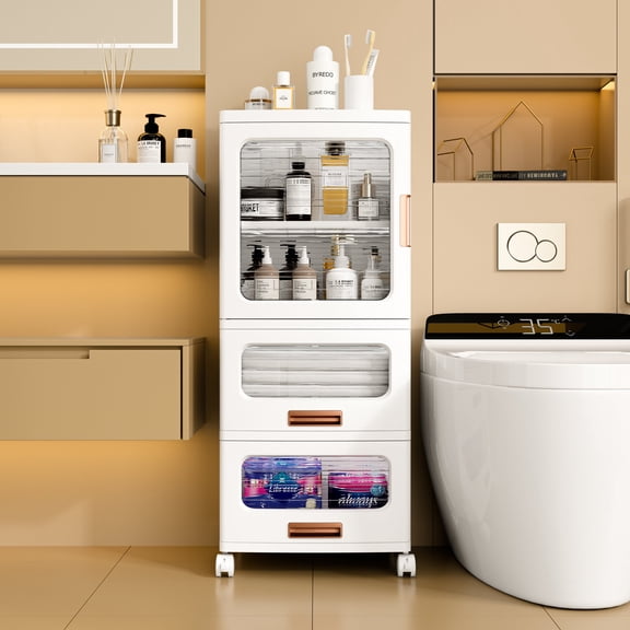 VECELO Bathroom Storage Cabinet with Movable Wheels, Foldable Storage Cabinets with 2 Drawers and 1 Cabinet, Adjustable Shelf, Narrow Bathroom Storage Organizer for Small Spaces, Kitchen,White